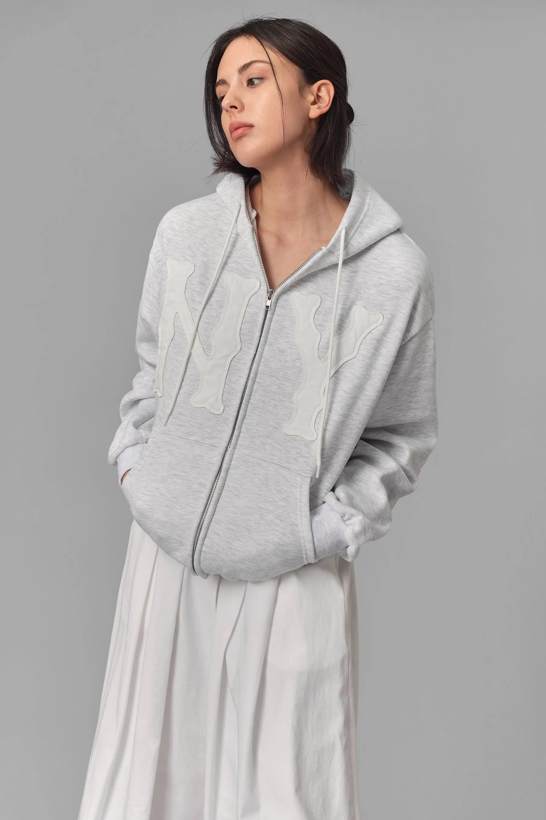 NY Patch Zip-Up Hoodie, Ivory