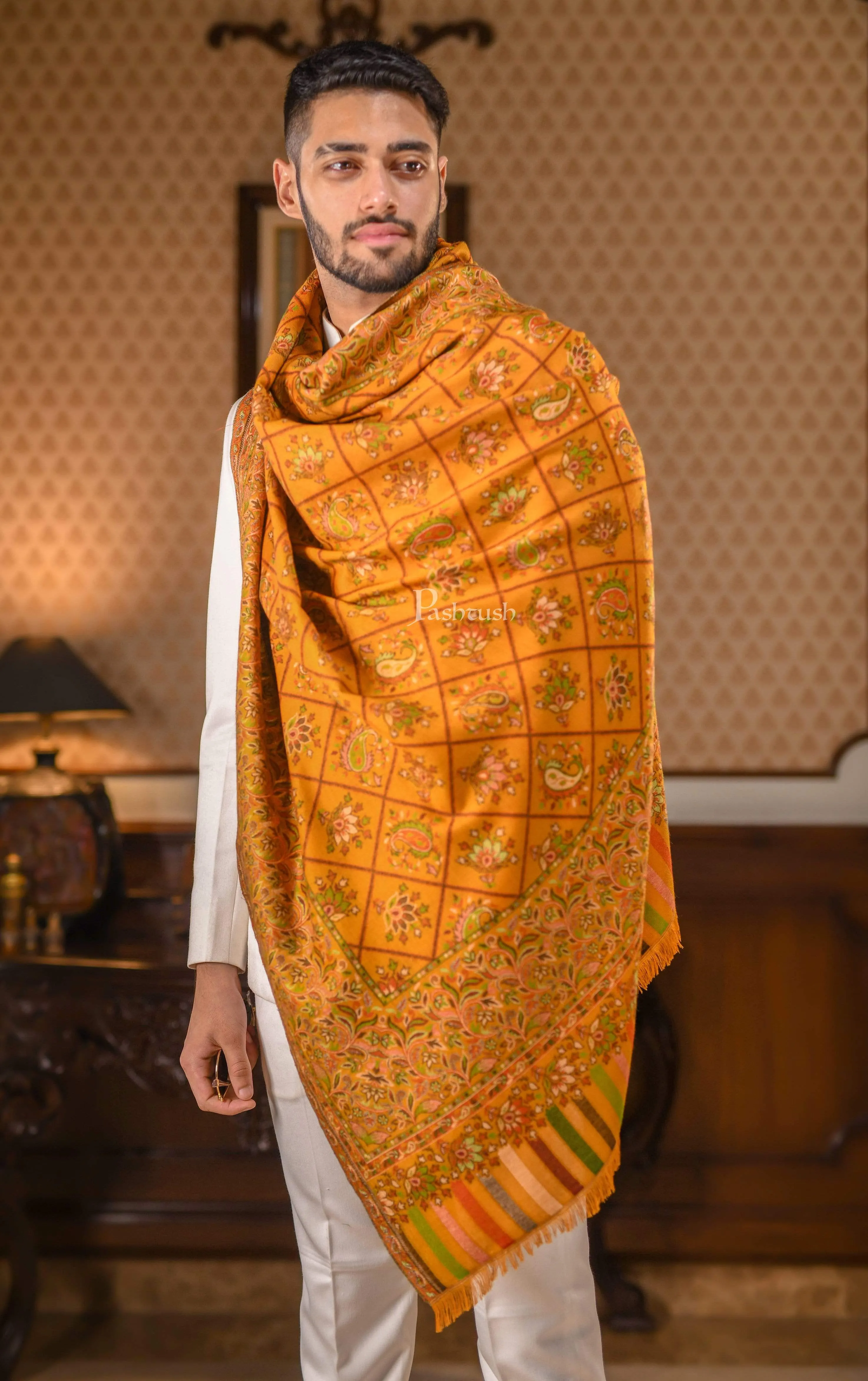 Pashtush Mens Ethnic Stole, Faux Pashmina, Soft And Warm, Mustard