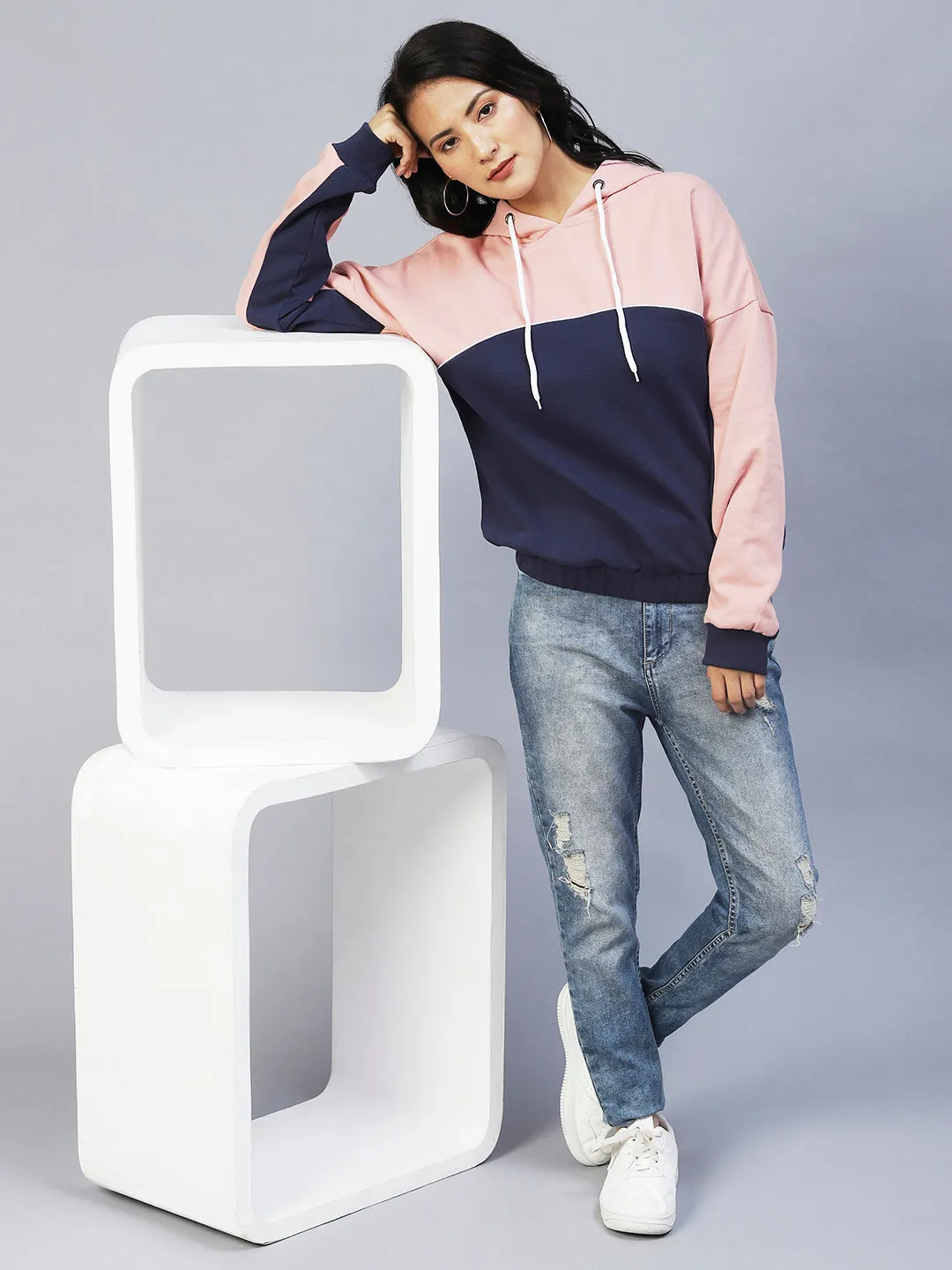 Peach Colourblock Hooded Fleece Sweatshirt