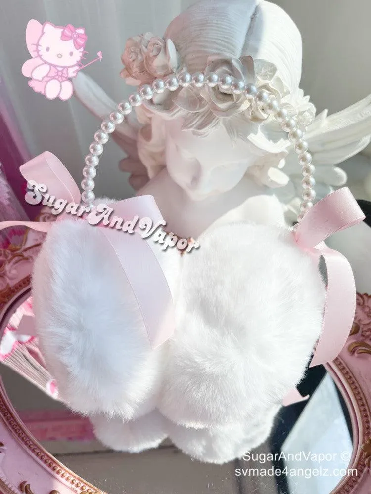 Pink Bow White Furry Warm Earmuffs