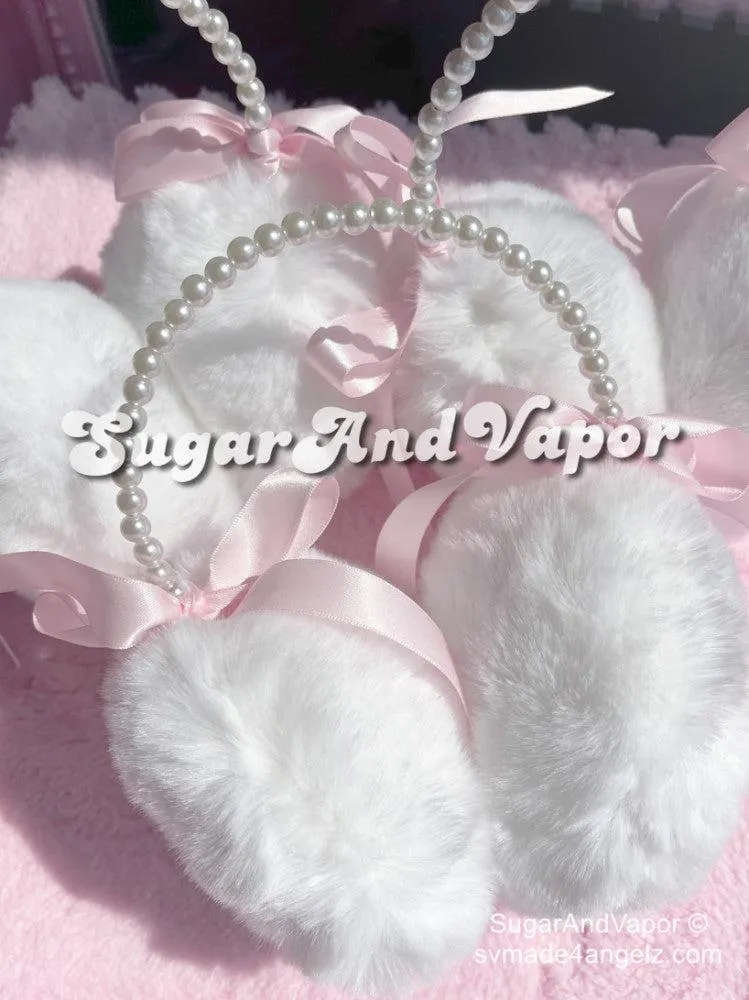 Pink Bow White Furry Warm Earmuffs