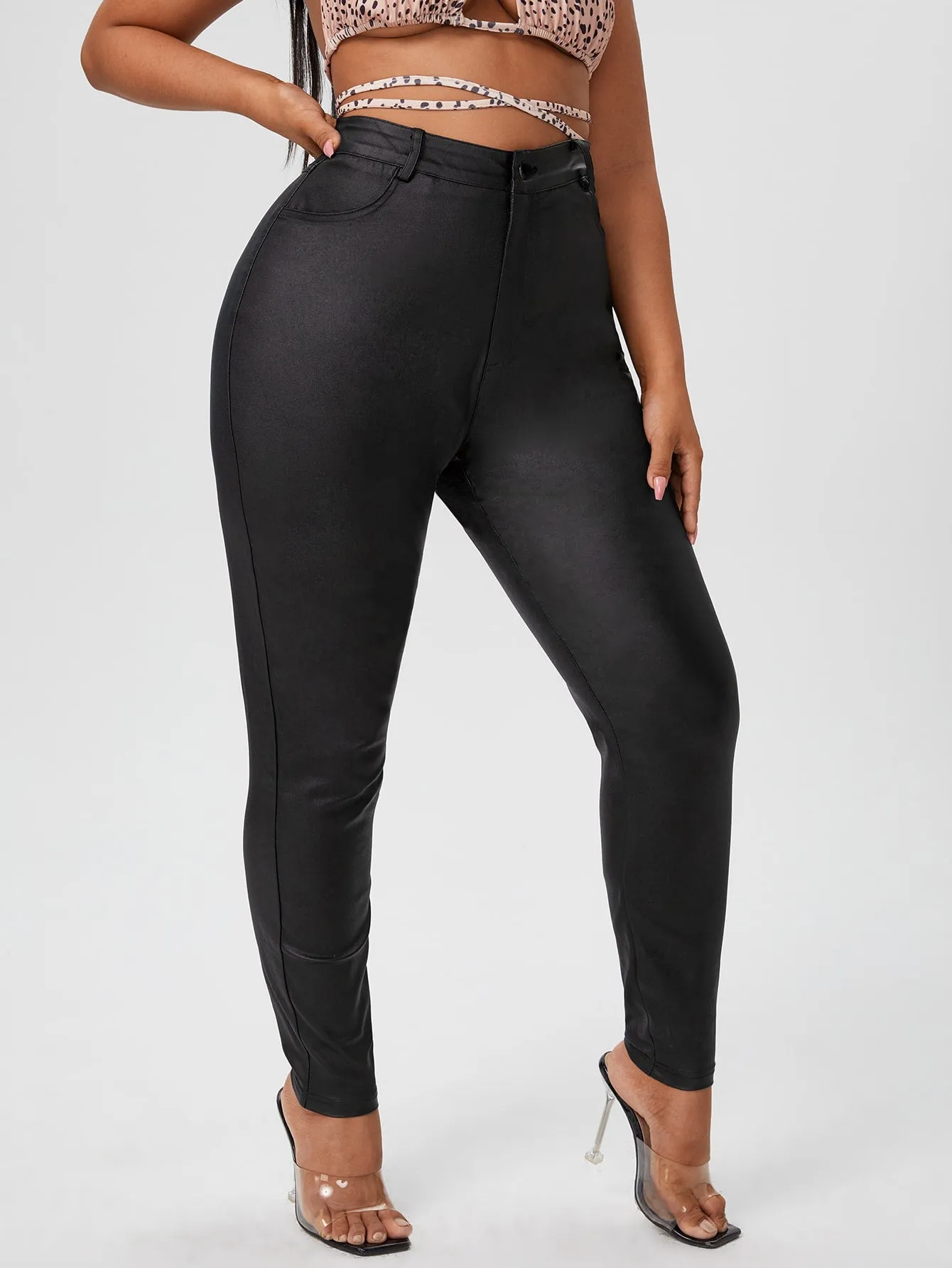 Plus Curvy High Waist Leather Look Skinny Jeans