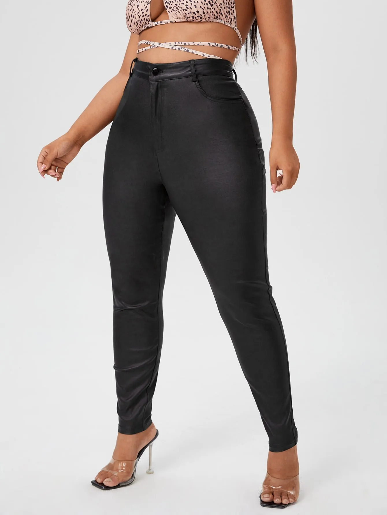 Plus Curvy High Waist Leather Look Skinny Jeans