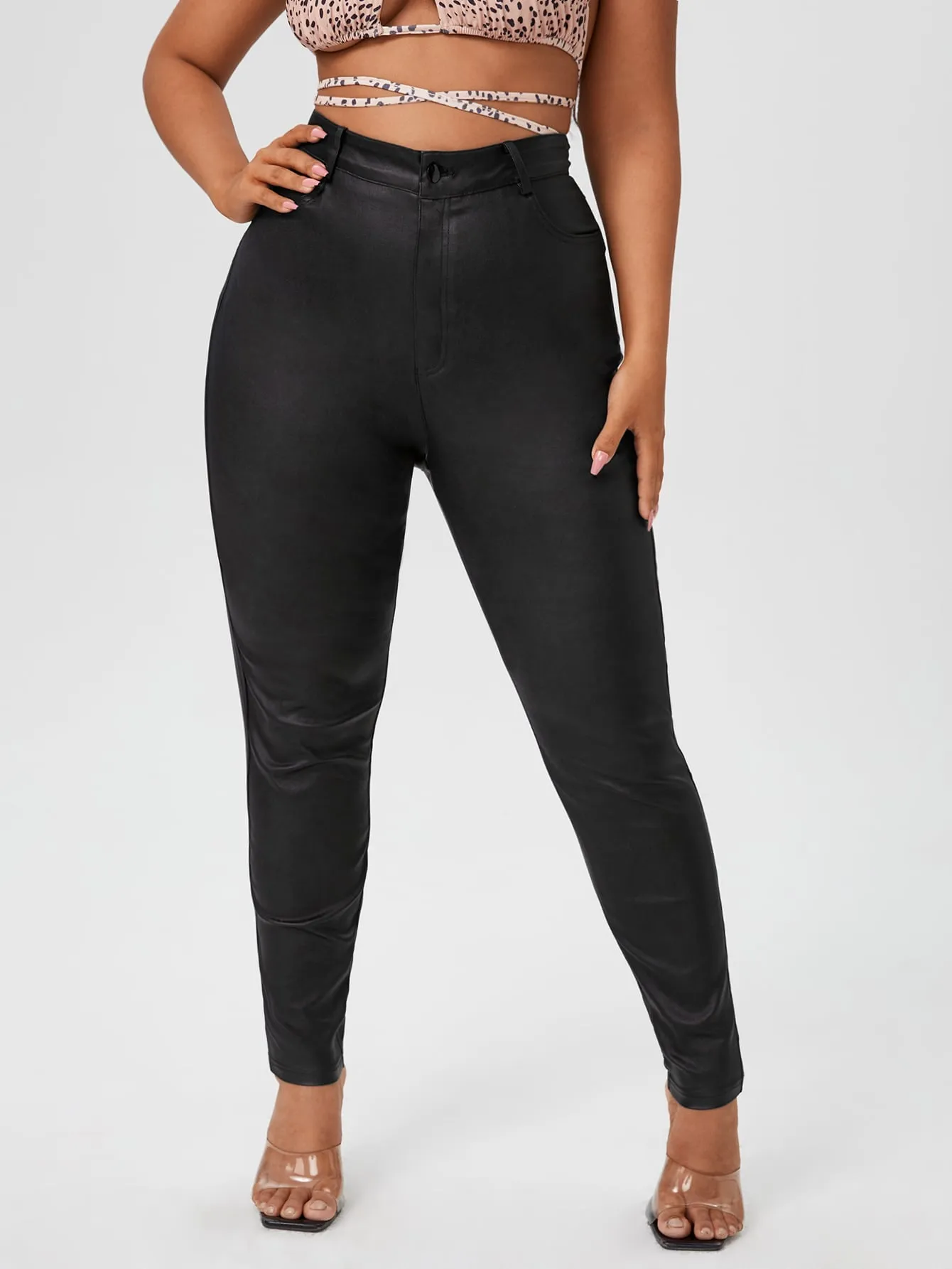 Plus Curvy High Waist Leather Look Skinny Jeans