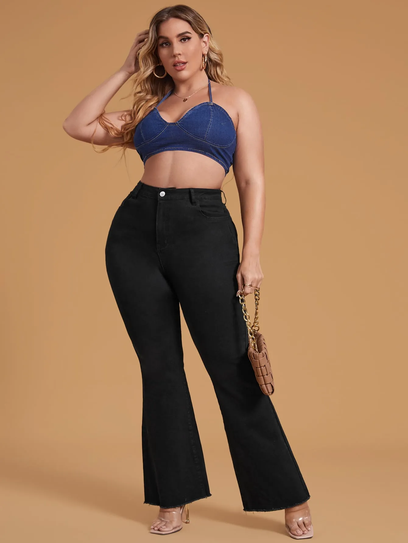 Plus High Waist Raw Cut Flare Leg Jeans