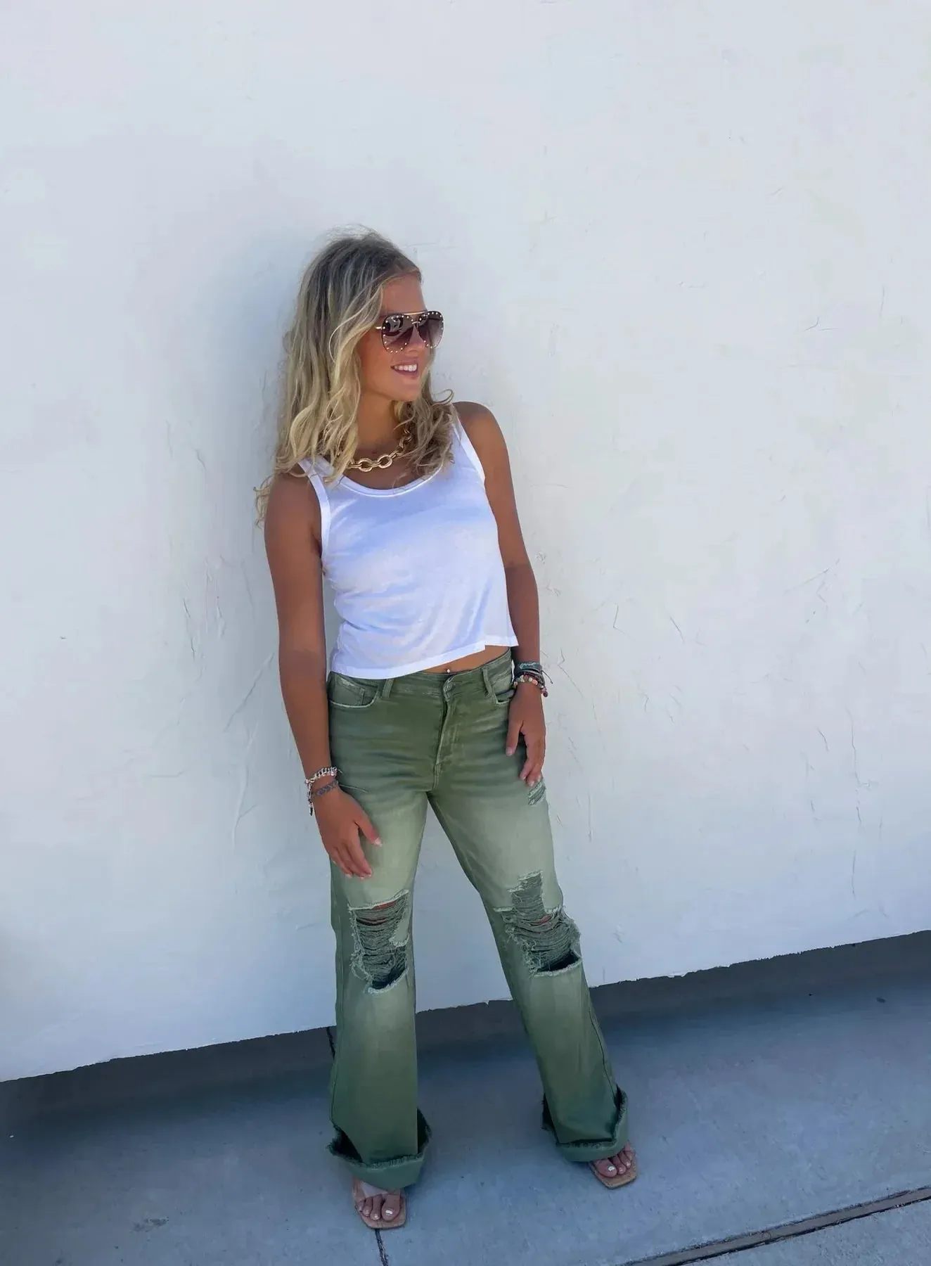 PREORDER: Blakeley Distressed Jeans In Olive and Camel