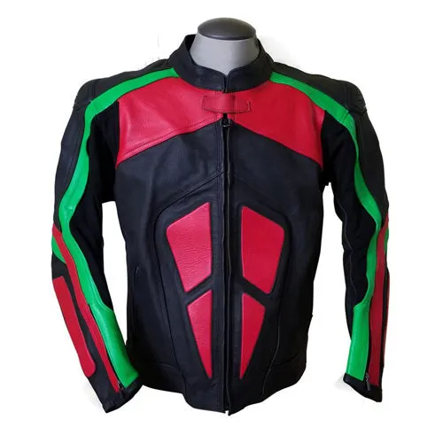 Red, Green and Black Motorcycle Leather Jacket with armor protection