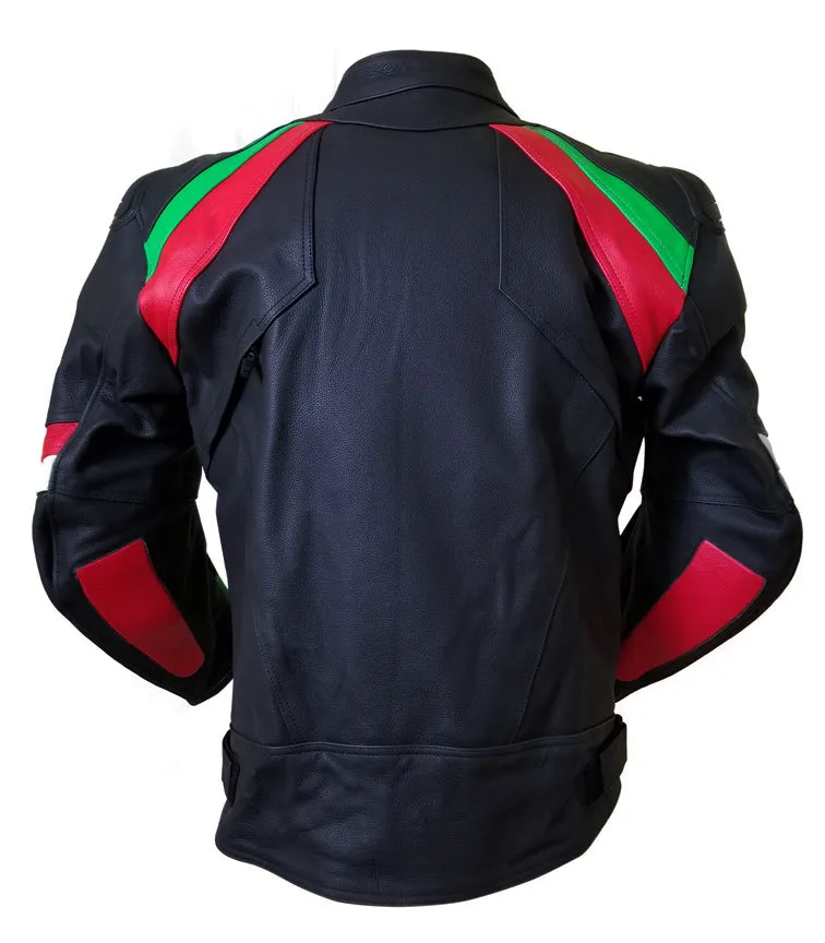 Red, Green and Black Motorcycle Leather Jacket with armor protection