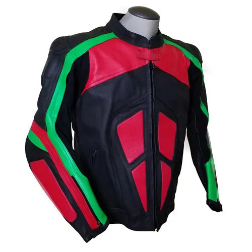 Red, Green and Black Motorcycle Leather Jacket with armor protection