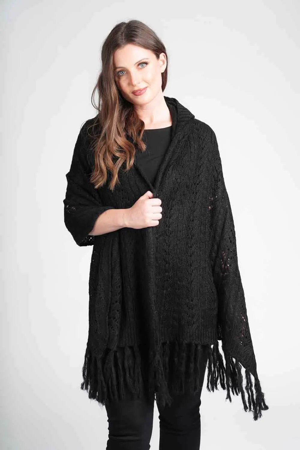 Saloos Tassled Knit Shawl with Hoodie