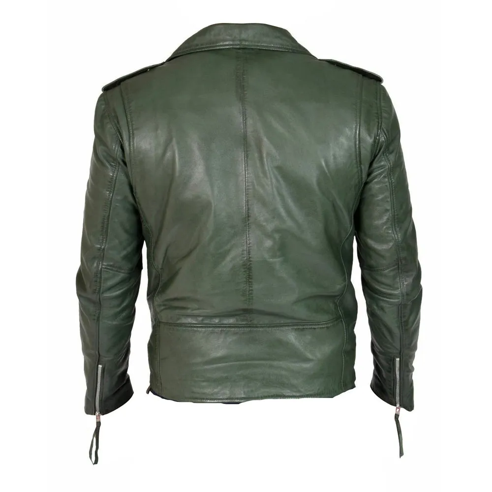 Sergeant Olive green biker style leather jacket with belt