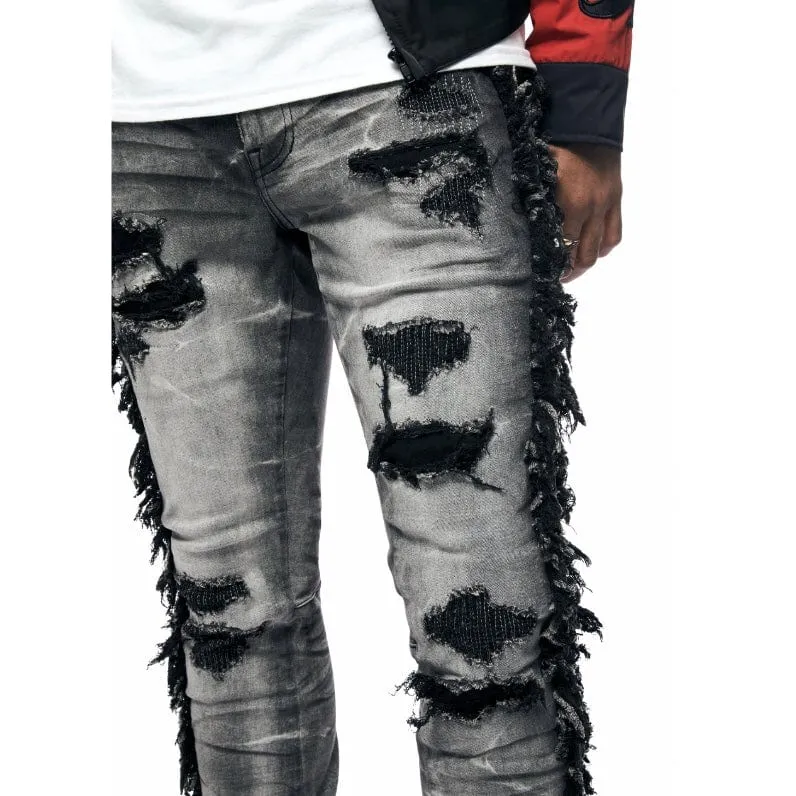 Smoke Rise Frayed Stacked Denim Jeans (Lightning Black) JP23607