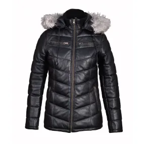 Snow’s Winter Puffer Leather Jacket With Fur Trimmed Hoodie