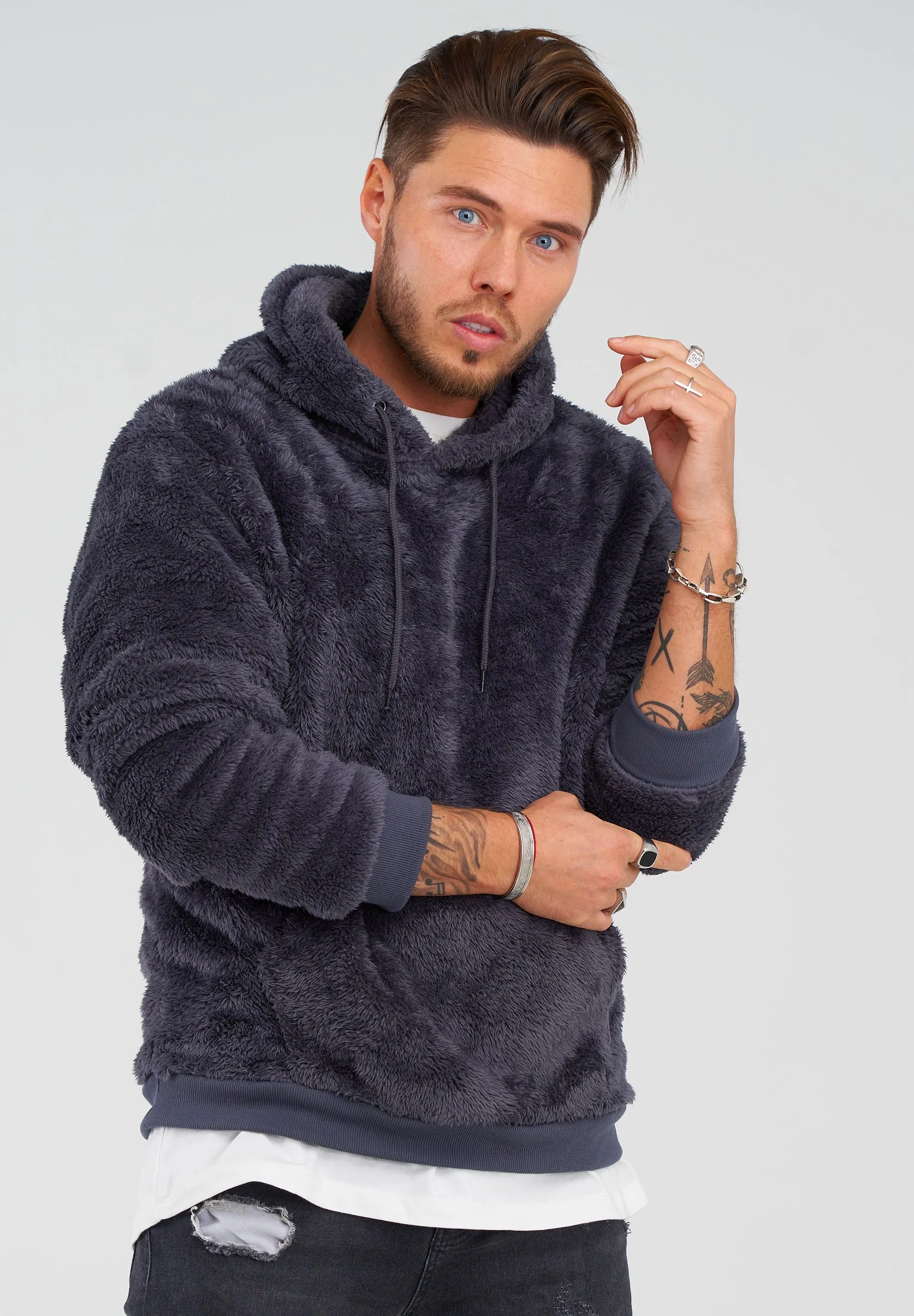 Mens Dark Grey Teddy Fleece Hoodie MT-7450 – Cozy & Stylish Outerwear