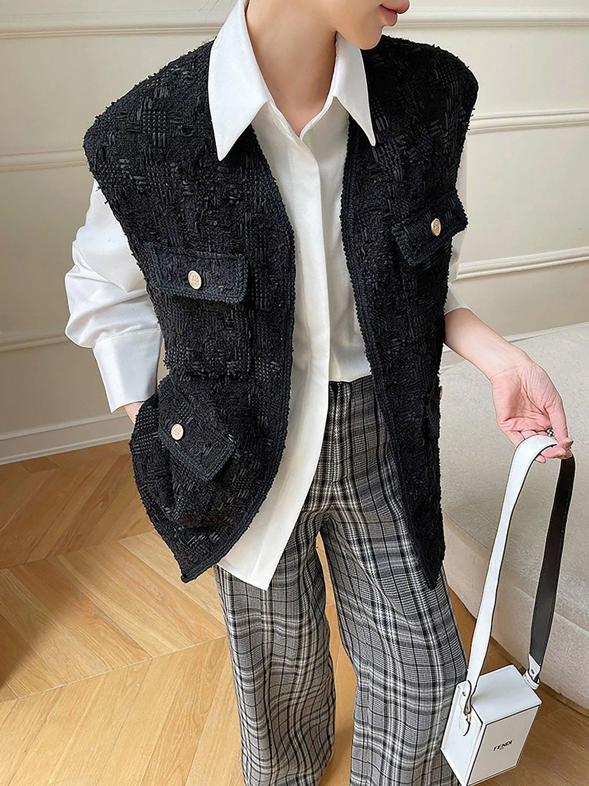 Women Black Sleeveless Wool Vest,Sleeveless Wool Jacket,Cardigan Wool Waistcoat,Autumn Winter Vest,Oversized Wool Vest,Tweed Vest,Warm Vest