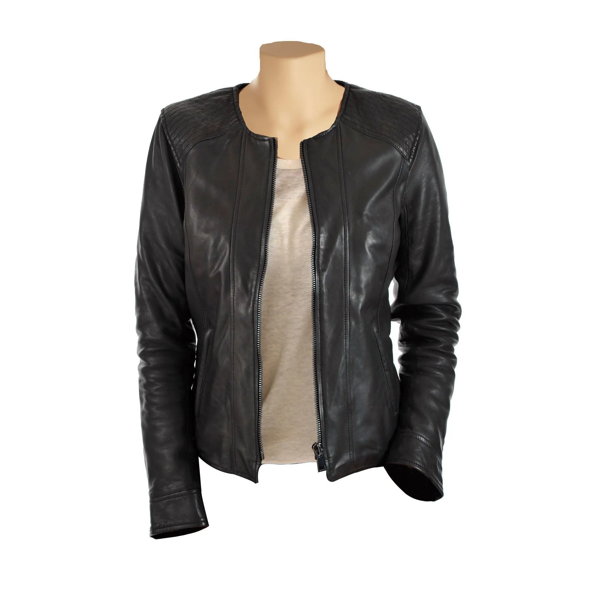 Women's collarless leather jacket