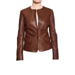 Women’s Dark Cognac Buttoned up Leather Jacket