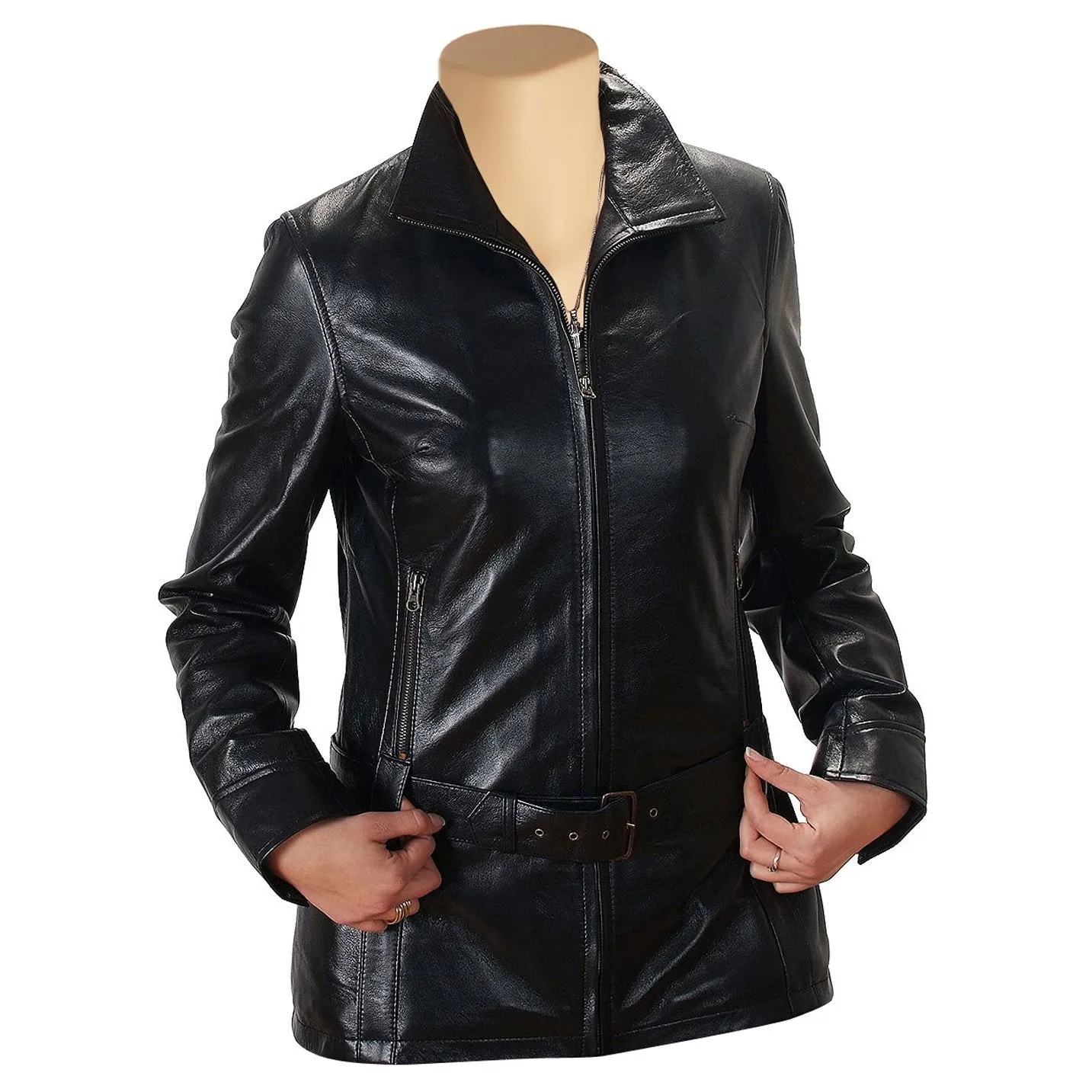 Women's Donna Black Leather Jacket with Front Zipper