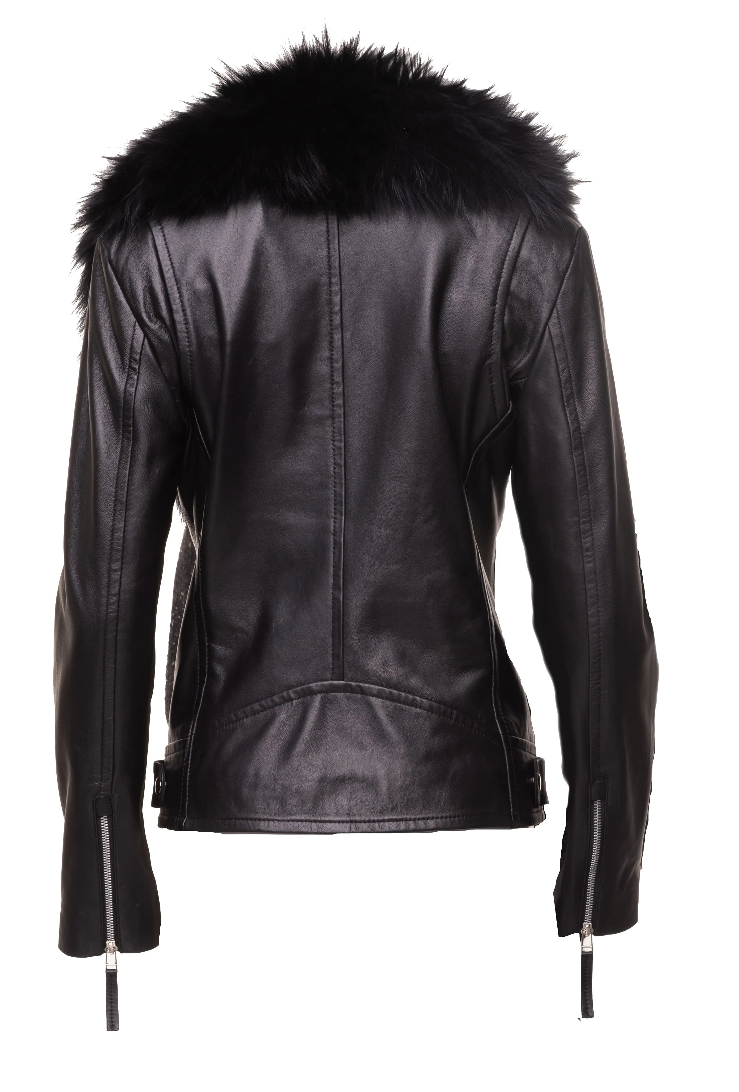 Women’s Leather Jacket With Large Black Fur Shawl