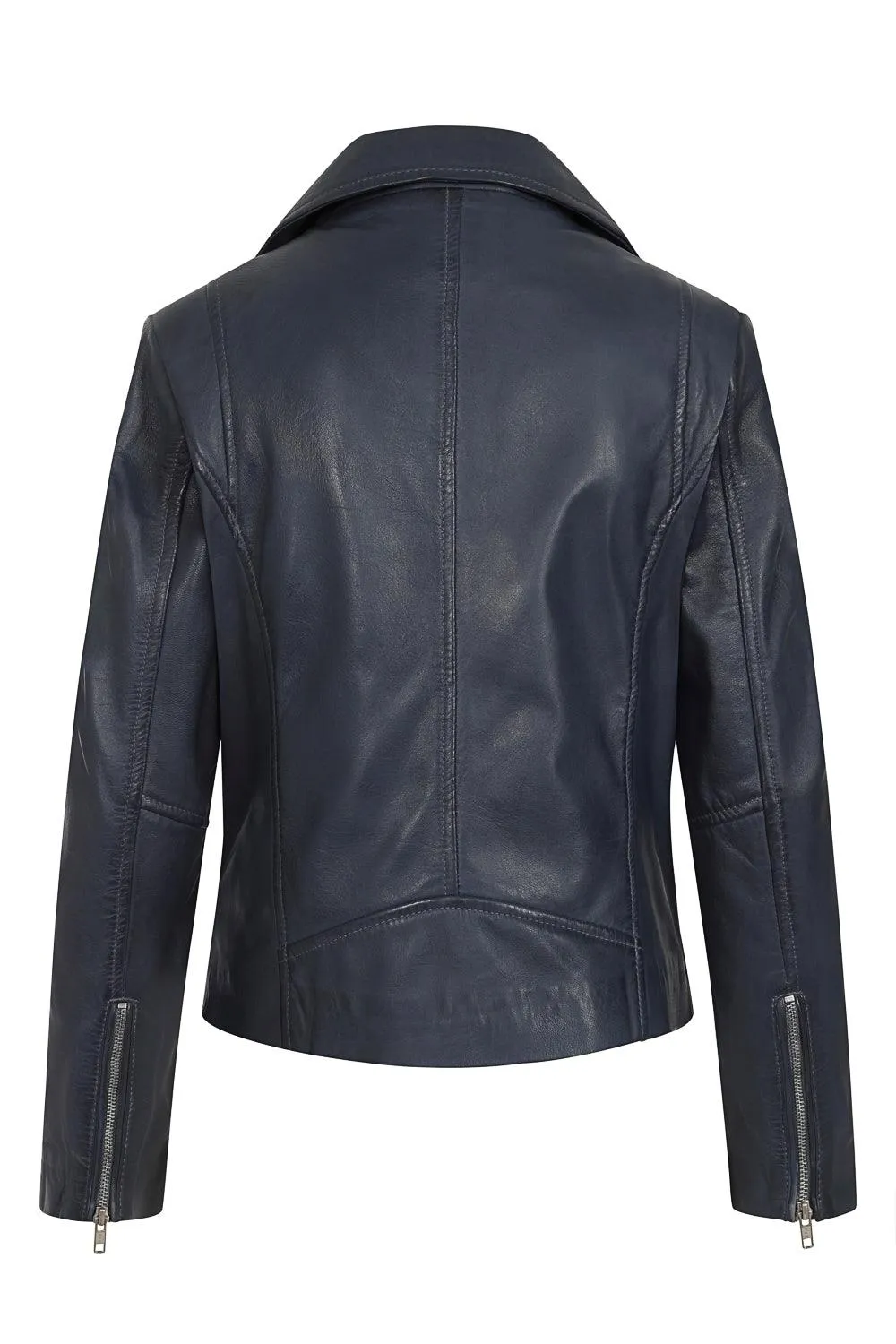 Women's Navy Blue Biker Style Real Leather Jacket - CELIA