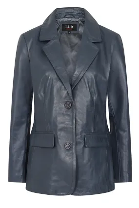 Women's Navy Blue hip length blazer Leather Jacket - KAREN