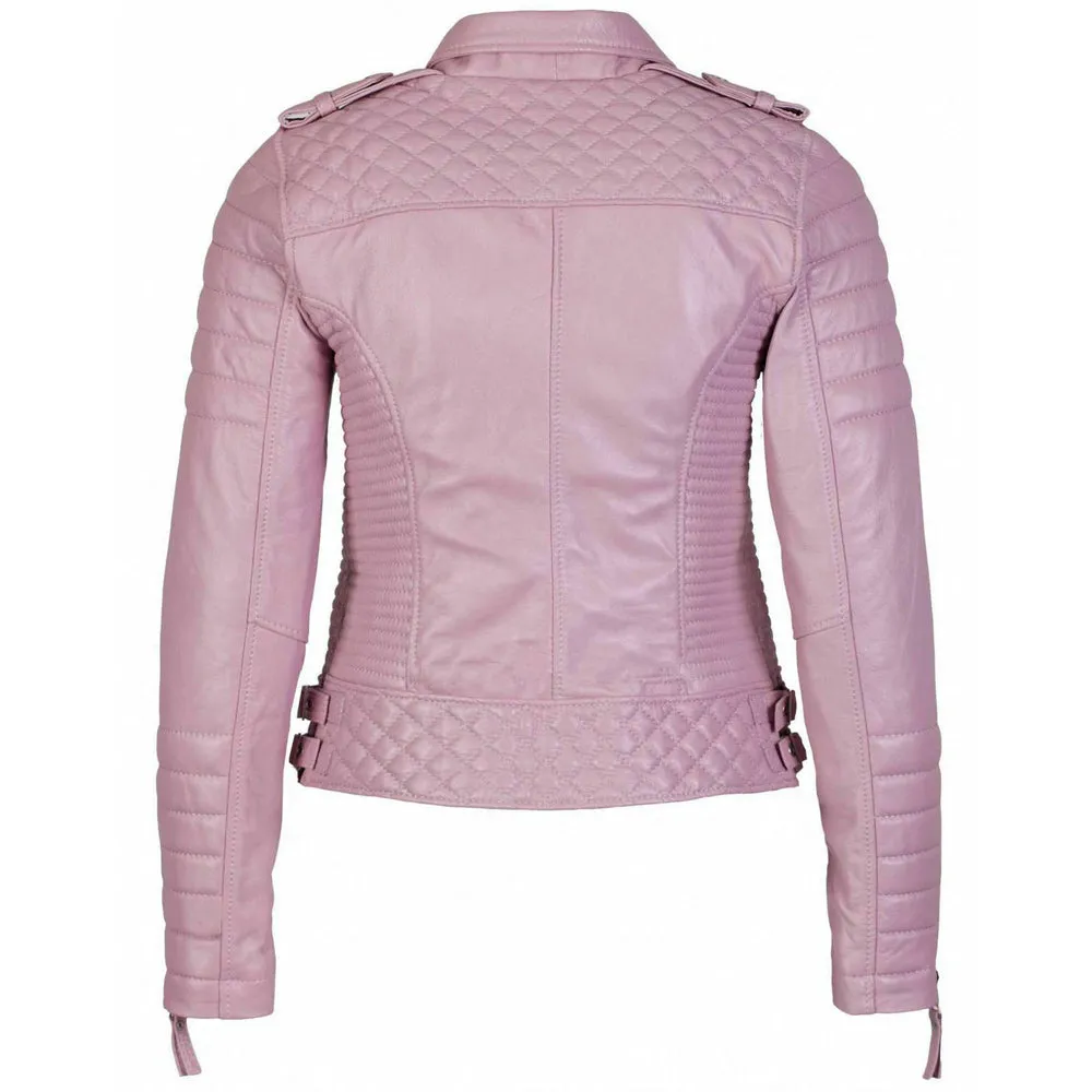 Women’s Pink Quilted Biker Style Leather Jacket