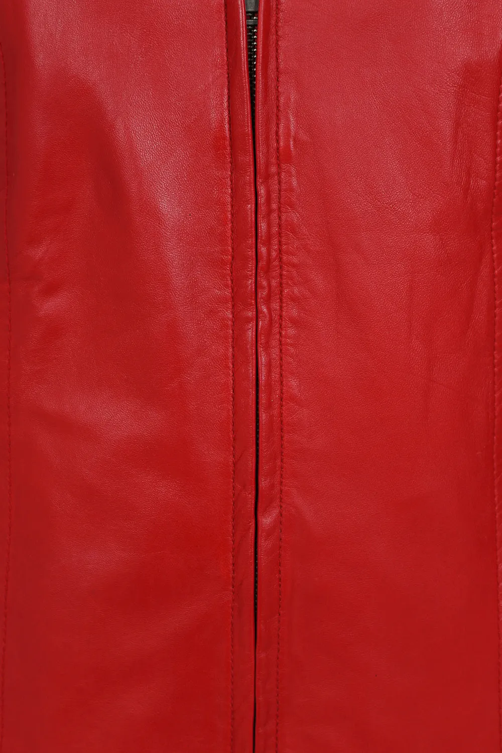 Women's Red Classic Zip Up Genuine Leather Jacket with a “V” Neck  - LAURA