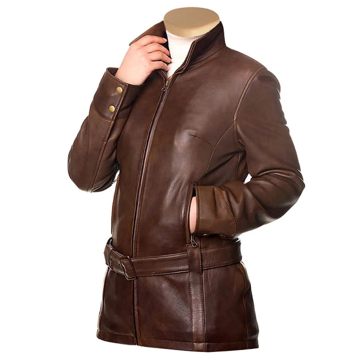 Womens Sherry Dark Brown Leather Jacket With Waist Belt