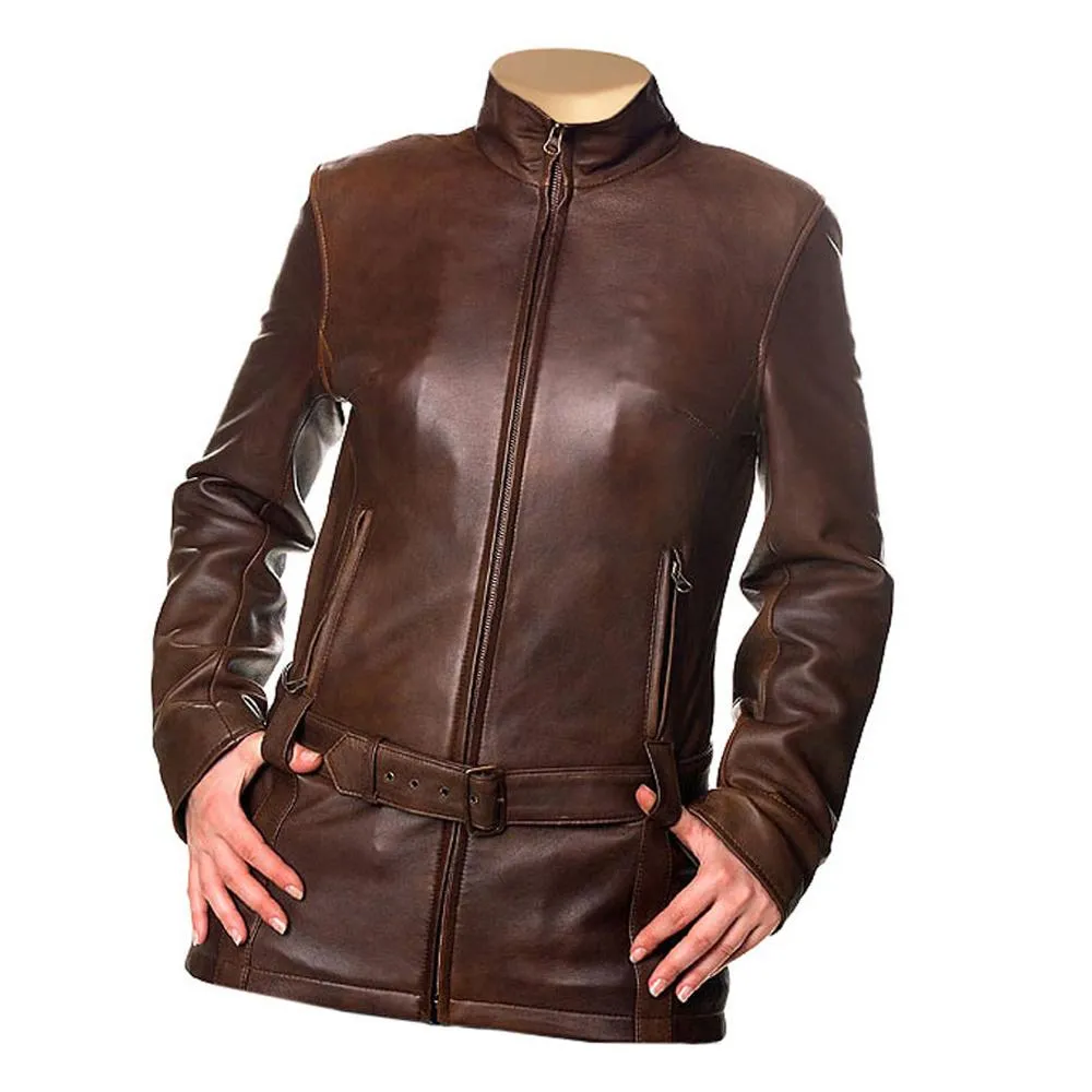 Womens Sherry Dark Brown Leather Jacket With Waist Belt