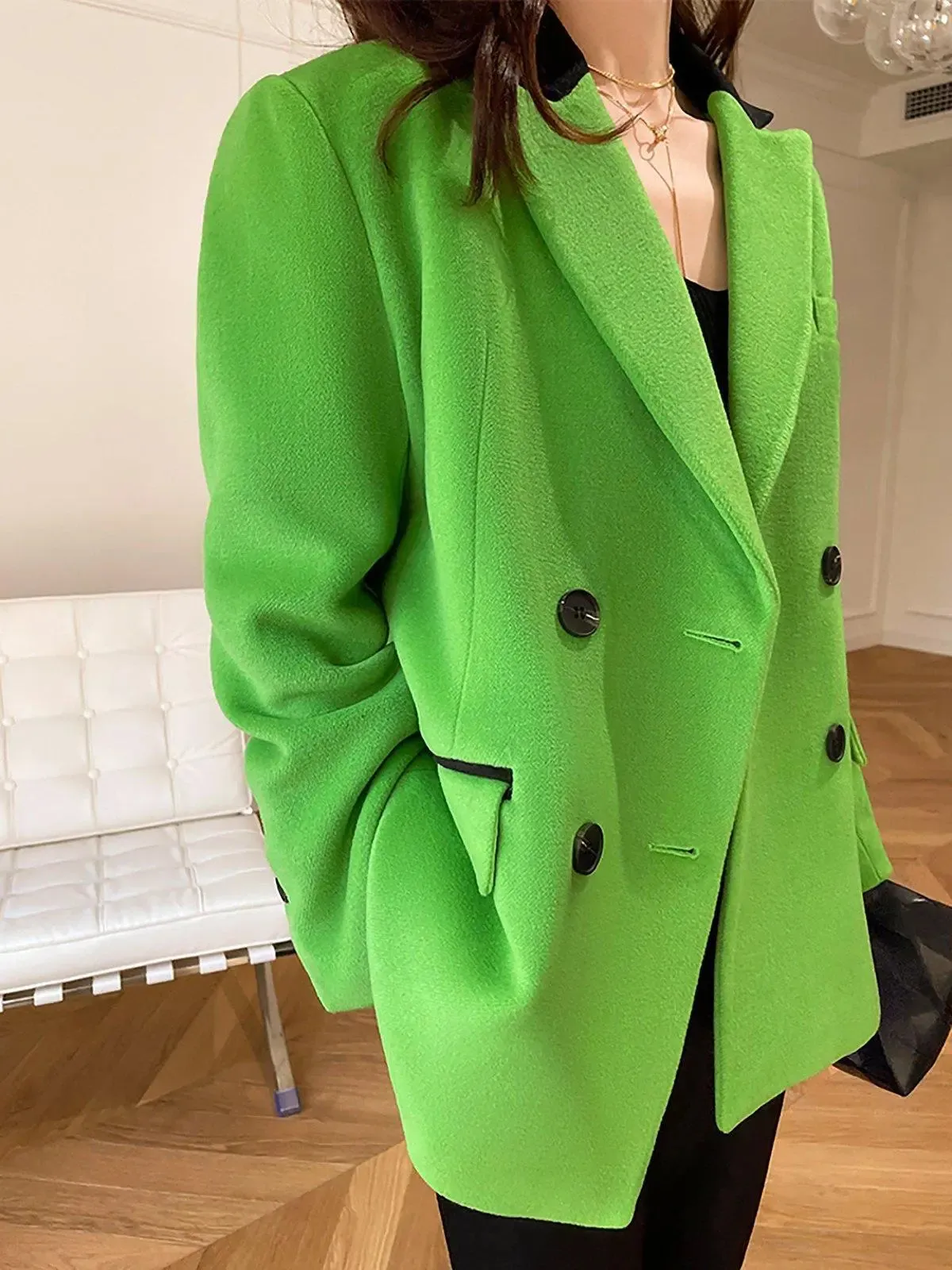 Women's Wool Blazer,Green Wool Coat,Double Breasted Wool Overcoat,Oversize Wool Suit,Thicken Wool Blazer,Winter Wool Coat,Warm Wool Blazer